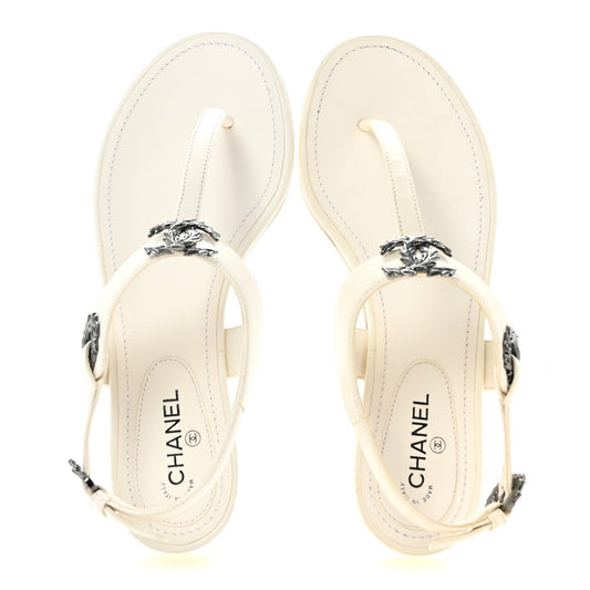 Lambskin CC Leaf Thong Sandals 36 White