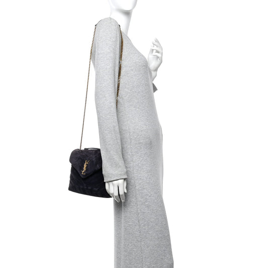 Suede Calfskin Y Quilted Monogram Small Loulou Chain Satchel Deep Marine