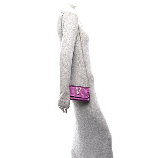 Satin Crystal Virtus Chain Clutch Purple