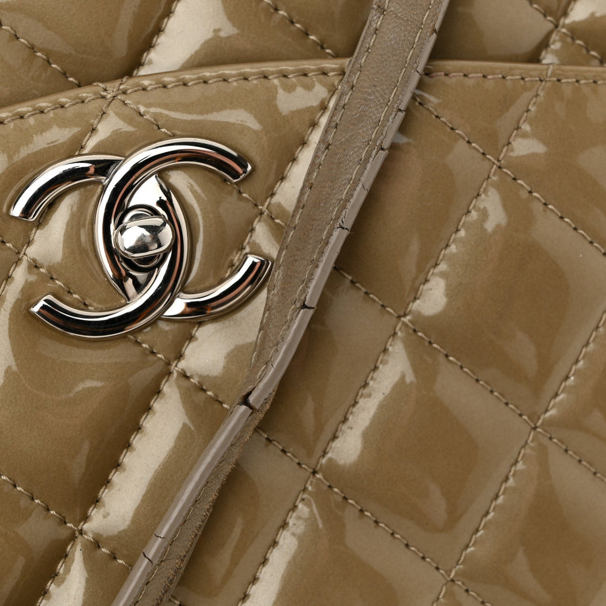 Patent Quilted Accordion Shopping Tote Beige