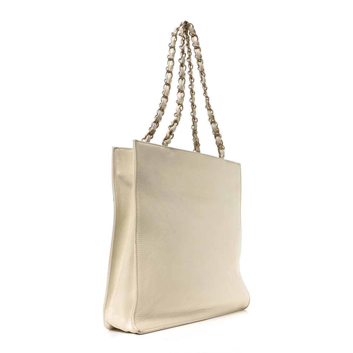 Shiny Aged Calfskin North South Shopping Bag White