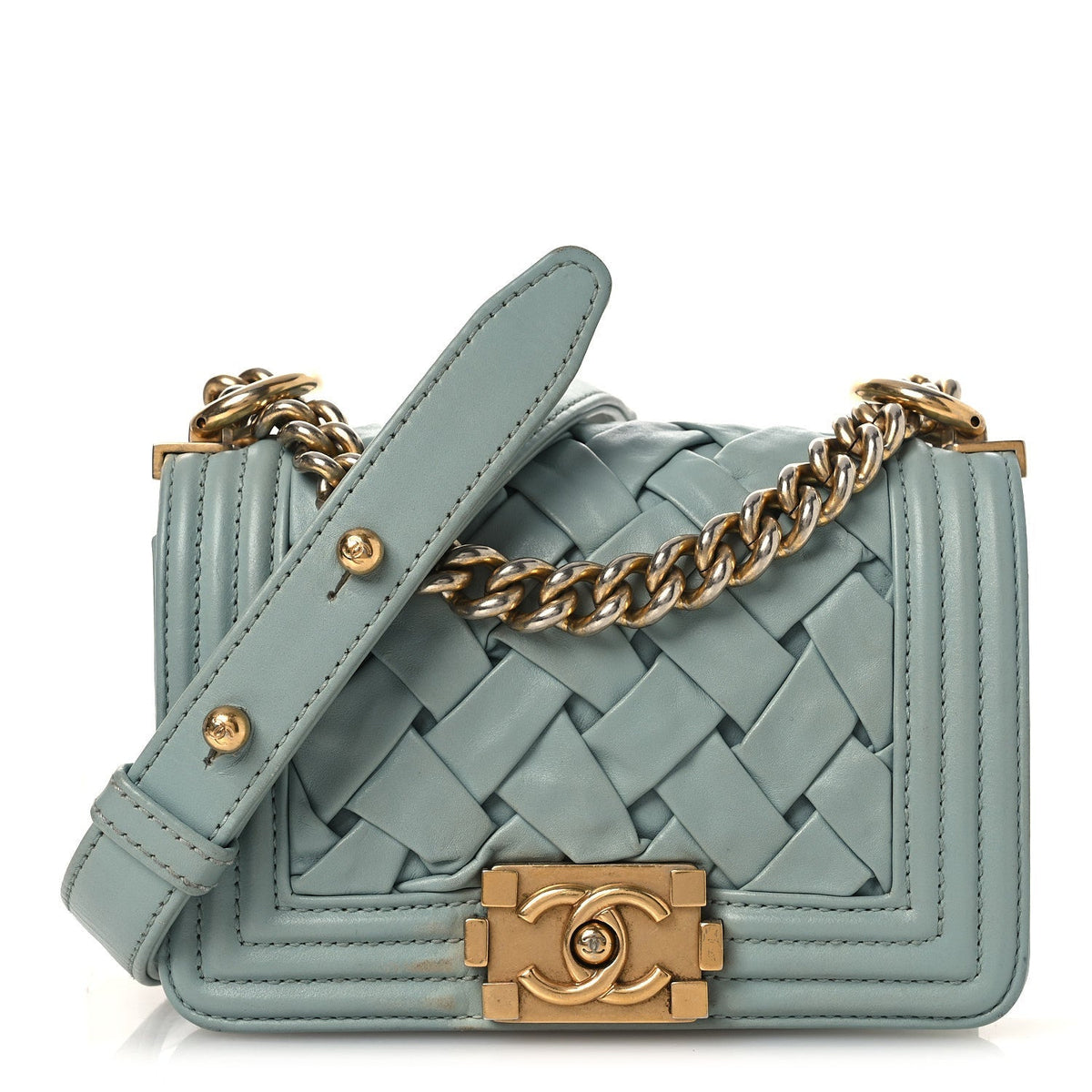 Lambskin Woven Mini Chateau Boy Flap Light Blue