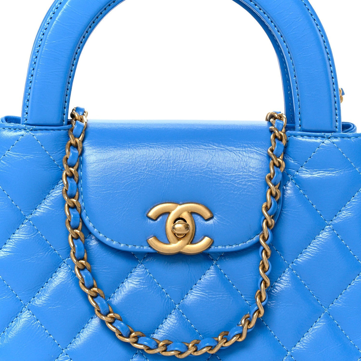 Shiny Aged Calfskin Quilted Nano Kelly Shopper Blue