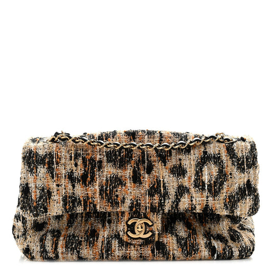 Tweed Mixed Fibers Leopard Print Small Souplissimo Maxi Flap Brown Black White