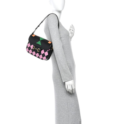 Textured Calfskin Geometric Print Horsebit 1955 Shoulder Bag Black Multicolor
