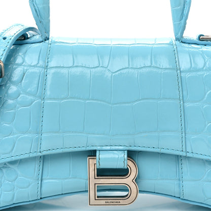 Shiny Calfskin Crocodile Embossed Hourglass Top Handle Bag XS Azur