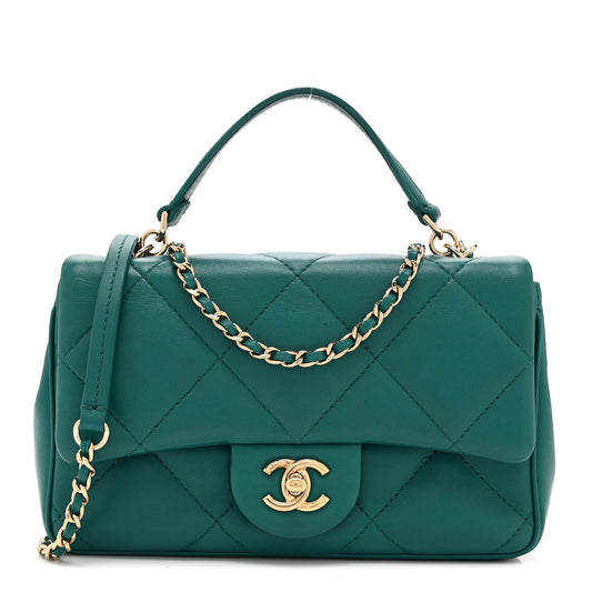 Lambskin Quilted Small Easy Carry Flap Green