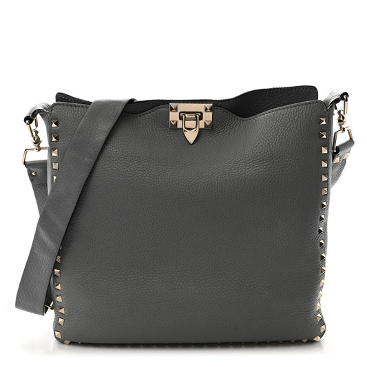 Pebbled Calfskin Small Rockstud Flip-Lock Messenger Bag Light Stone