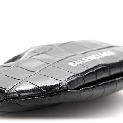 Shiny Supple Calfskin Logo Crocodile Embossed Cloud Coin Purse Black White