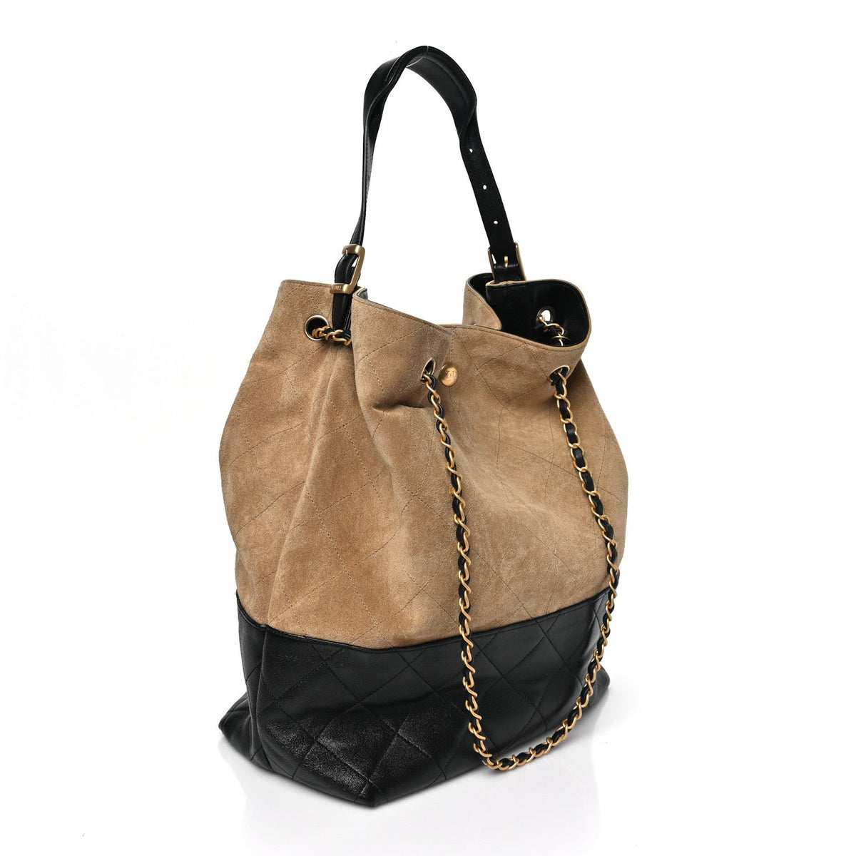 Suede Calfskin Shiny Lambskin Quilted Coco Base Shopping Bag Beige Black