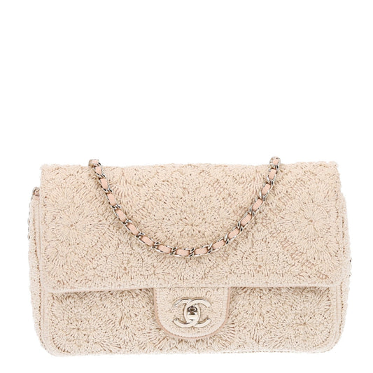 Crochet Embroidered Camelia Small Rectangular Flap Ecru