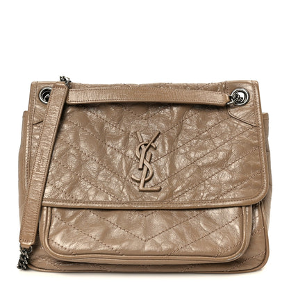 Crinkled Calfskin Matelasse Monogram Medium Niki Chain Satchel Light Taupe
