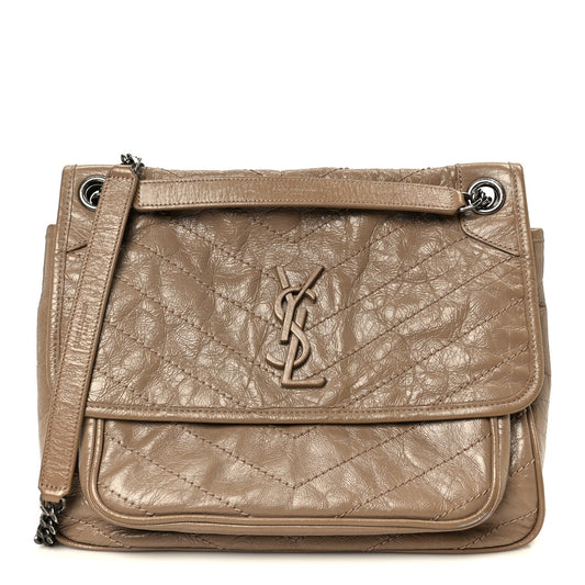 Crinkled Calfskin Matelasse Monogram Medium Niki Chain Satchel Light Taupe