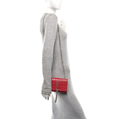 Calfskin Crocodile Embossed Small Classic Monogram Kate Tassel Satchel Red