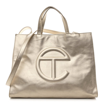 Metallic Vegan Leather Medium Shopping Bag Gold