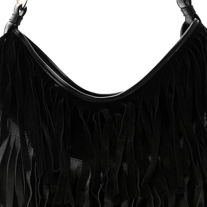 Suede Calfskin Fringe Buffalo Horn Mombasa Hobo Black