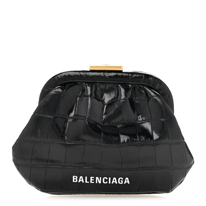 Shiny Supple Calfskin Logo Crocodile Embossed Cloud Coin Purse Black White