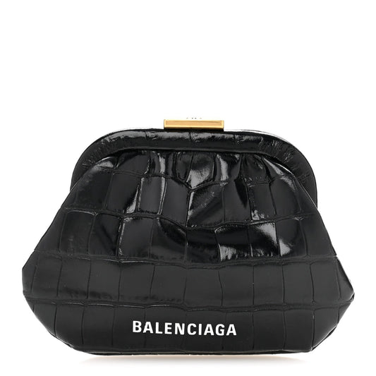 Shiny Supple Calfskin Logo Crocodile Embossed Cloud Coin Purse Black White