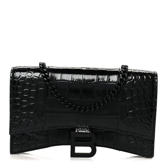 Shiny Calfskin Monochrome Crocodile Embossed Hourglass Chain Bag Black
