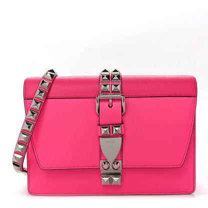 Saffiano City Calfskin Studded Large Elektra Shoulder Bag Fuchsia Black