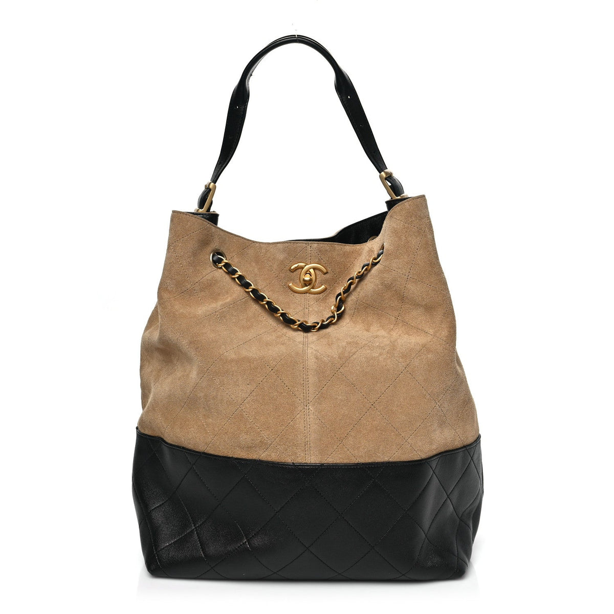 Suede Calfskin Shiny Lambskin Quilted Coco Base Shopping Bag Beige Black