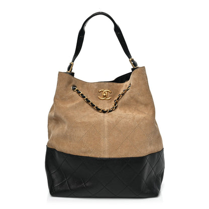 Suede Calfskin Shiny Lambskin Quilted Coco Base Shopping Bag Beige Black