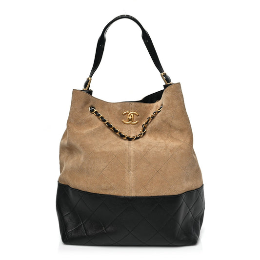 Suede Calfskin Shiny Lambskin Quilted Coco Base Shopping Bag Beige Black