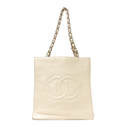 Shiny Aged Calfskin North South Shopping Bag White