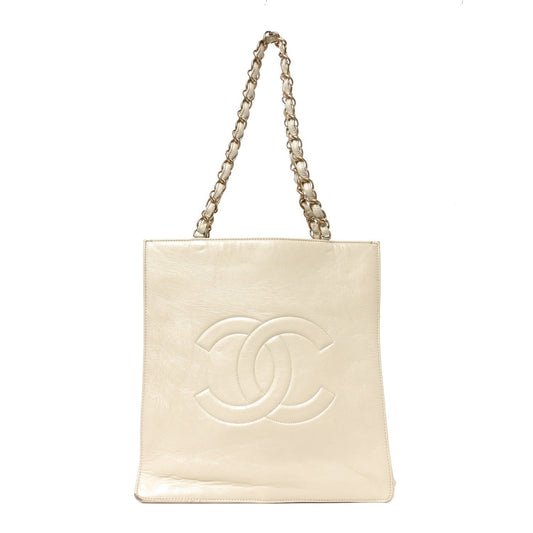 Shiny Aged Calfskin North South Shopping Bag White