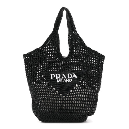 Yarn Raffia Effect Crochet Logo Embroidered Shopping Tote Bag Black
