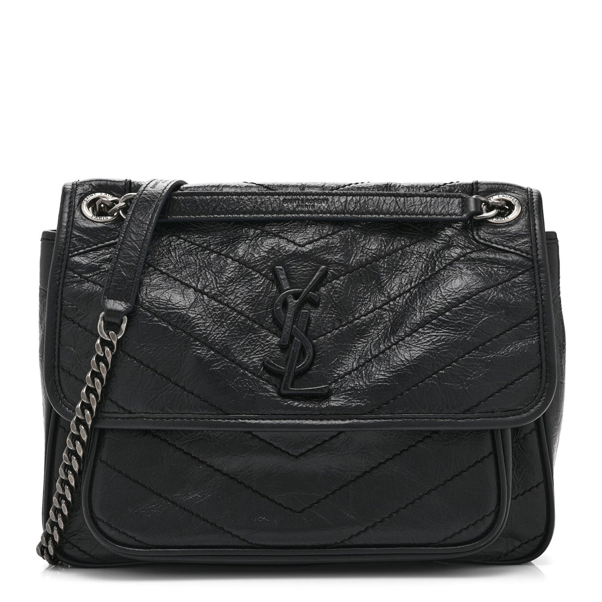 Crinkled Calfskin Matelasse Monogram Medium Niki Chain Satchel Black