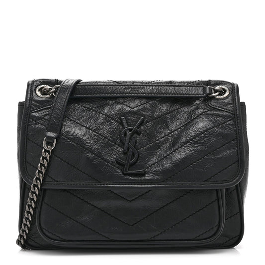 Crinkled Calfskin Matelasse Monogram Medium Niki Chain Satchel Black