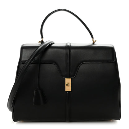 Satinated Calfskin Large 16 Top Handle Bag Black