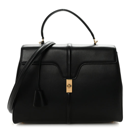 Satinated Calfskin Large 16 Top Handle Bag Black