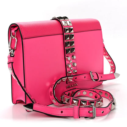 Saffiano City Calfskin Studded Large Elektra Shoulder Bag Fuchsia Black