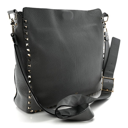 Pebbled Calfskin Small Rockstud Flip-Lock Messenger Bag Light Stone