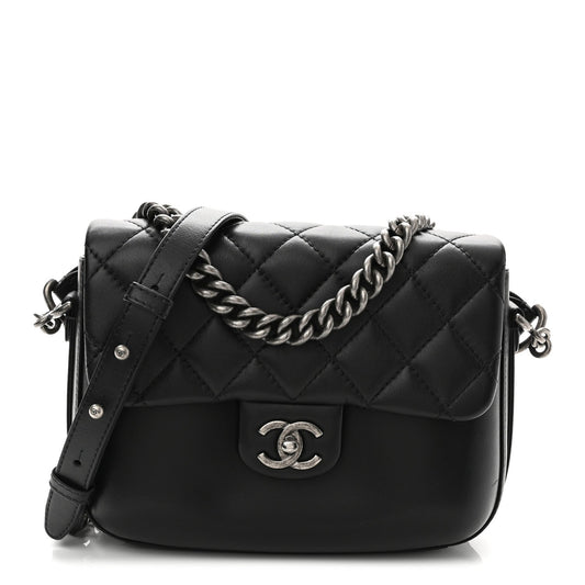 Calfskin Quilted Medium Rock My Shoulder Flap Black