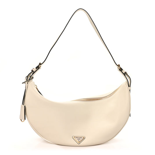 Soft Grain Calfskin Large Demi-Lune Shoulder Bag White