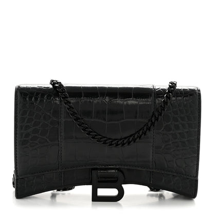 Shiny Calfskin Monochrome Crocodile Embossed Hourglass Chain Bag Black