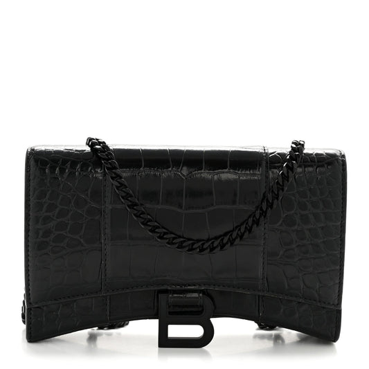 Shiny Calfskin Monochrome Crocodile Embossed Hourglass Chain Bag Black