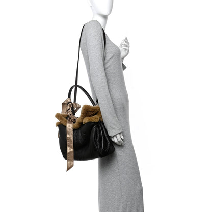 Crushed Calfskin Shearling Medium Rodeo Top Handle Handbag Brown Beige