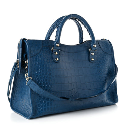 Calfskin Crocodile Embossed Classic Silver Hardware City Bleu Marine