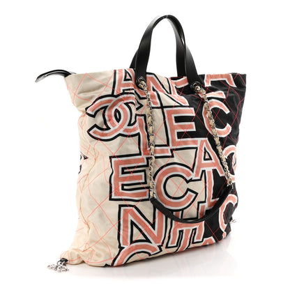 Nylon Stitched Printed Logo Shopping Bag Black White