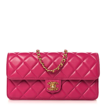 Shiny Lambskin Quilted Flap Clutch Bag Dark Pink