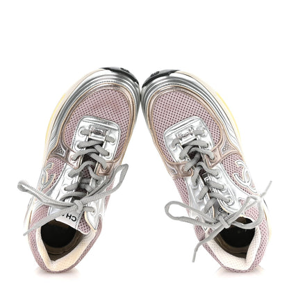 Fabric Laminated Calfskin Stretch CC Womens Sneakers 37 Purple Silver