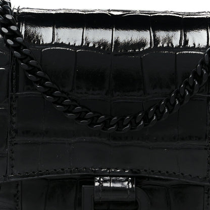 Shiny Calfskin Monochrome Crocodile Embossed Hourglass Chain Bag Black