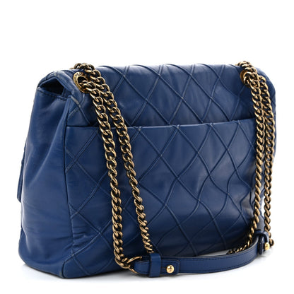 Calfskin Diamond Debossed Large Cosmos Flap Blue
