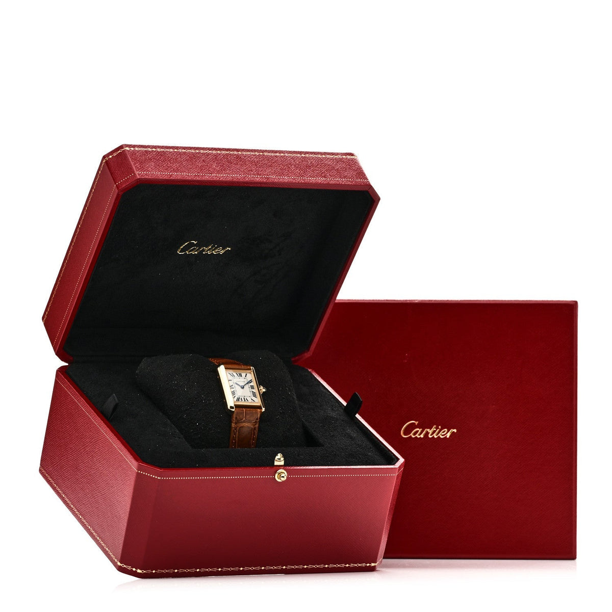 18K Yellow Gold Alligator 22mm Tank Louis Quartz Watch Brown