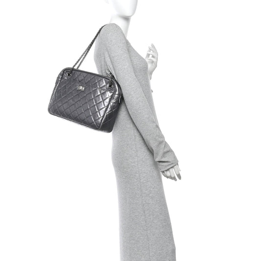 Metallic Aged Calfskin Quilted Large Reissue Camera Case Silver