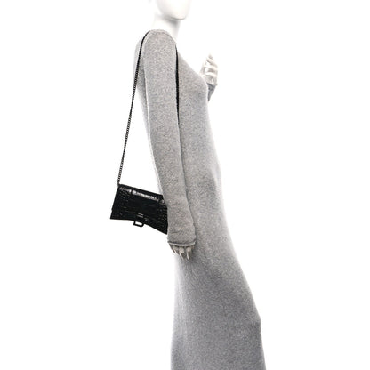 Shiny Calfskin Monochrome Crocodile Embossed Hourglass Chain Bag Black